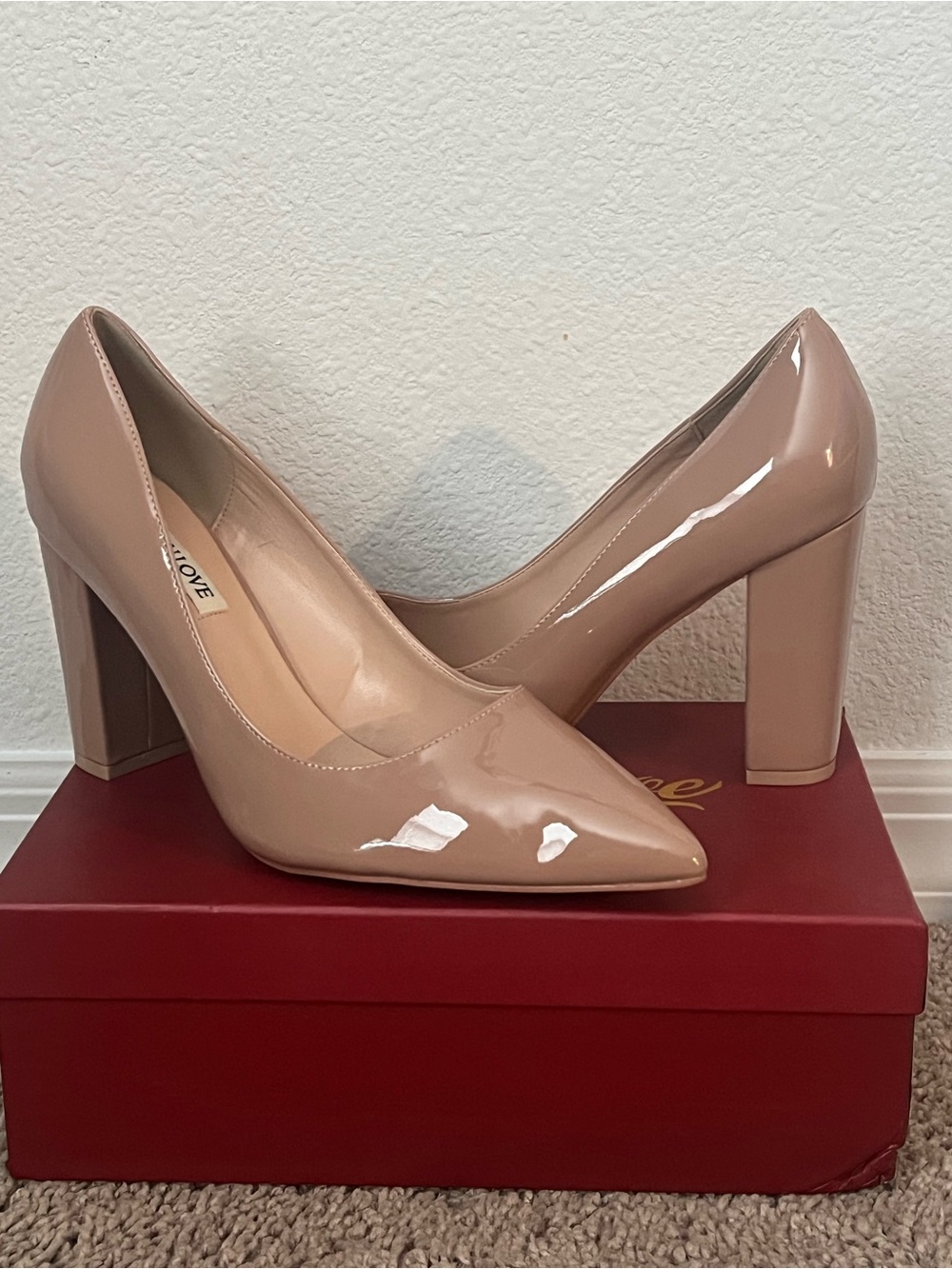 Joy in Love Brand Blush Patent Pointed-Toe Block Heels - Nude